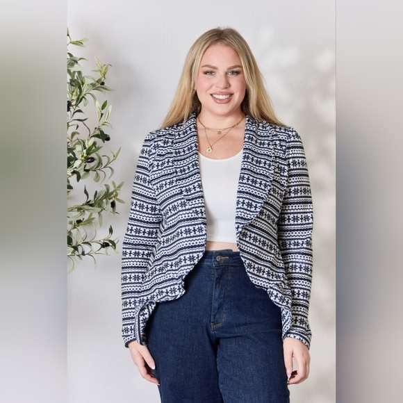 Heimish Full Size Open Front Snowflake Print Pattern Long Sleeve Blazer - Picture 7 of 11